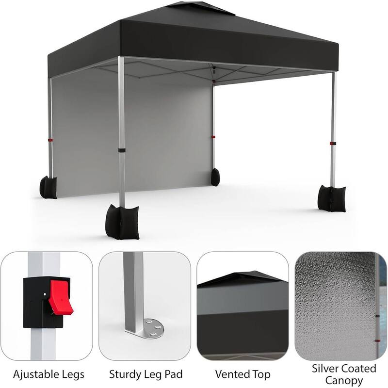 10x10ft Portable Instant Pop Up Canopy Tent with 1 Sidewall for Parties, Camping, Beach - N/A