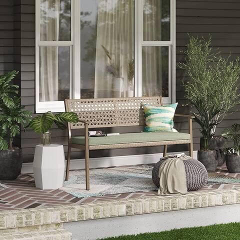 Patio Outdoor Loveseat, All Weather Resistant Wicker Bench with Anti-Rust Metal Frame, Rattan Seating with Cushion for Garden