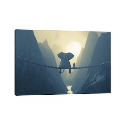 iCanvas "Elephant And Dog Sit On A Bridge Over A Precipice (Dualtone)" by Mike Kiev Canvas Print