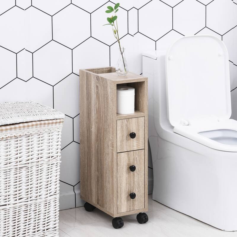 kleankin Freestanding Compact Design Bathroom Cabinet with 2 Open Cabinets, 1 Door Cabinet, 1 Drawer and 4 Rolling Wheels