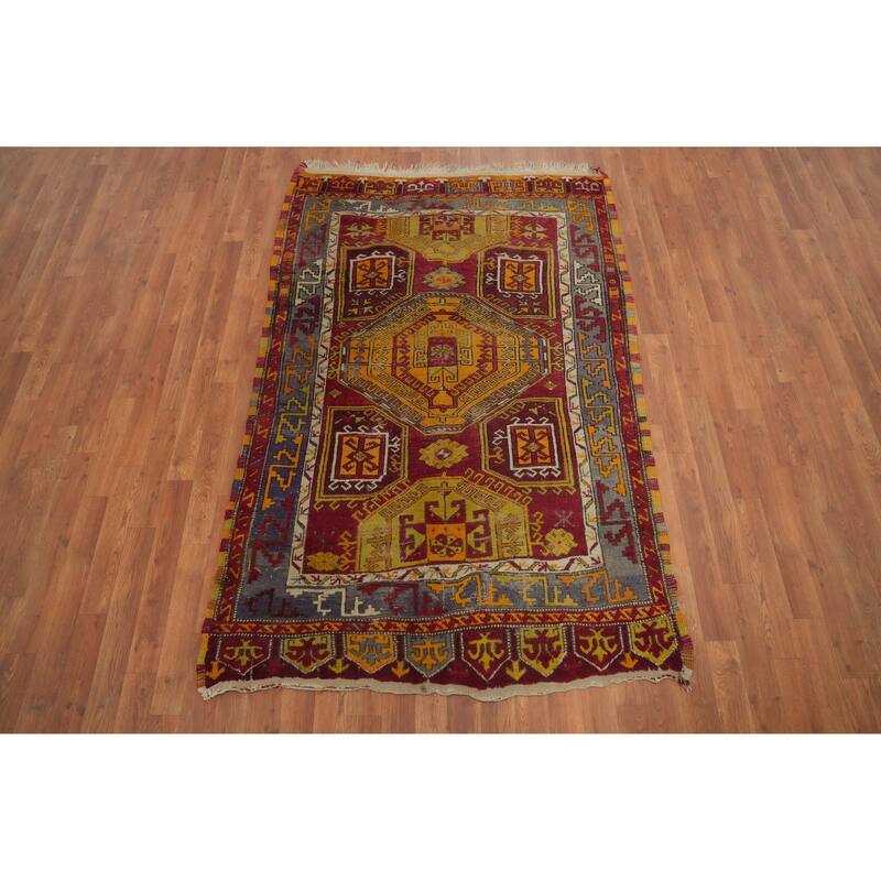 Hand Knotted Oriental 100% Wool Carpet Transitional Geometric Red Anatolian Area Rug - 6' 5'' X 4' 1''