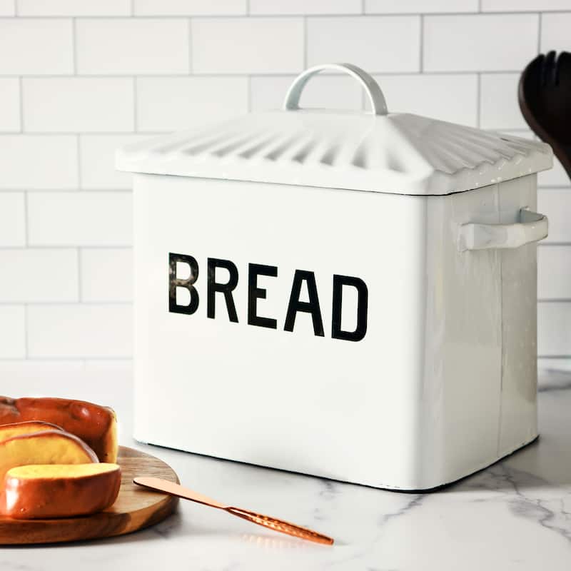 Enameled Metal Bread Box with "Bread" Message - White and Black