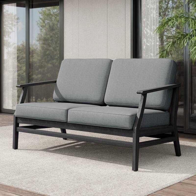 Teak Outdoor Patio Club Chairs Loveseat with Cushions - Black Wood - Loveseat/Gray