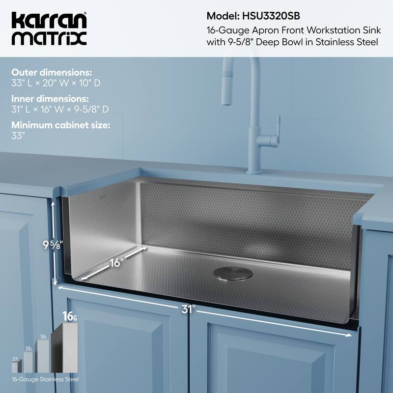 Karran Matrix 33" Apron Front Workstation 16 Gauge Single Bowl Stainless Steel Kitchen Sink with Accessories