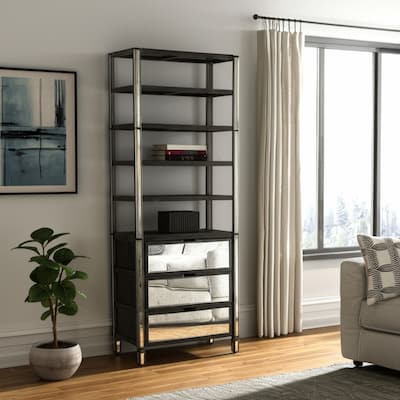 HomeRoots 32" Dark Brown Solid Wood and Mirrored Glass Four Tier Bookcase with Three Drawers