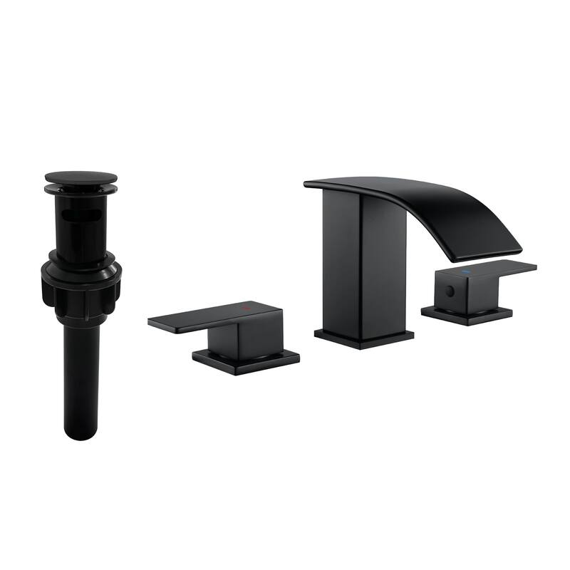 8 Inch Widespread Waterfall Bathroom Faucet with Pop-up Drain Kit Modern Double Handle Bathroom Sink Basin Vanity Faucet 3 Holes - Matte Black