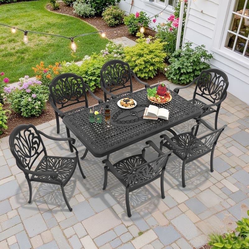7-Piece Cast Aluminum Outdoor Dining Set with Brown Seat Cushions