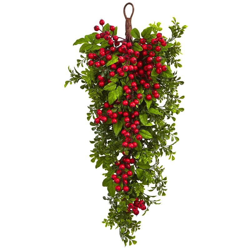 26" Artificial Berry Boxwood Flower Teardrop Swag