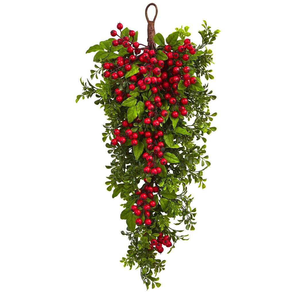 26" Artificial Berry Boxwood Flower Teardrop Swag