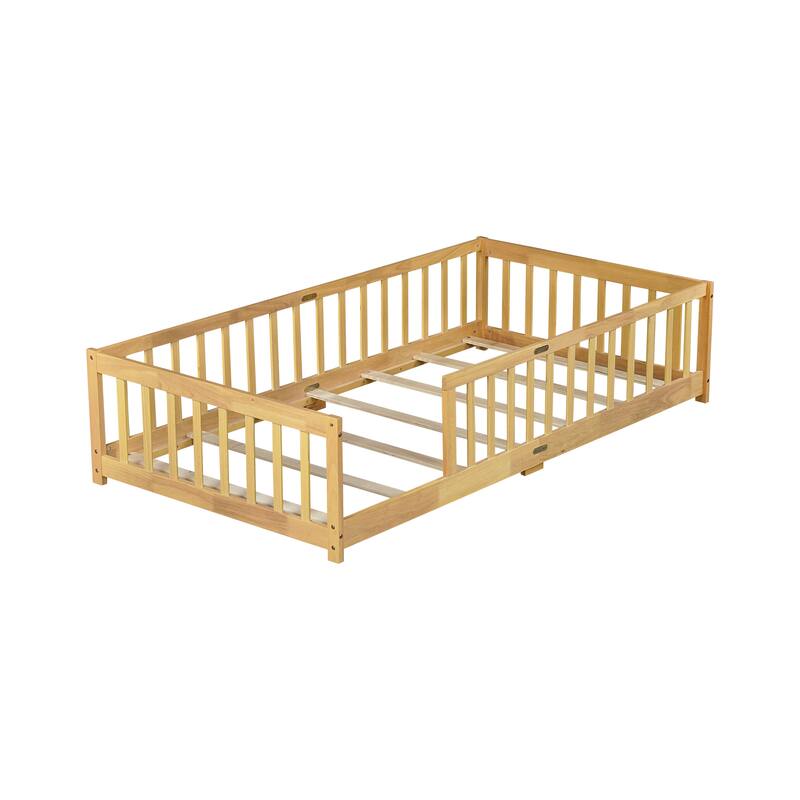 Twin Size Floor Bed with Fence without Door, Rubber Wood Floor Bed with Safety Guardrails