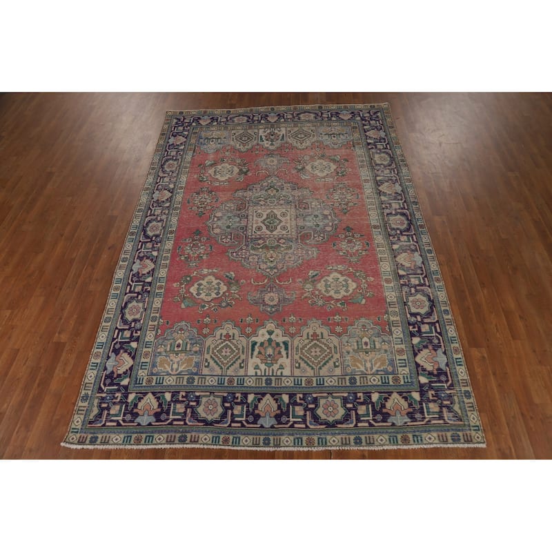Vintage Geometric Tabriz Persian Area Rug Hand-Knotted Wool Carpet - 6'6" x 9'7"