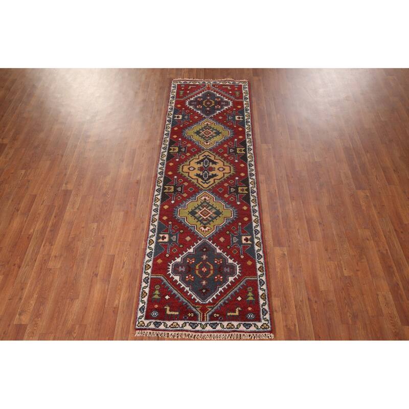 Red Geometric Kazak Oriental Runner Rug Hand-Knotted Wool Carpet - 2'7"x 8'1"