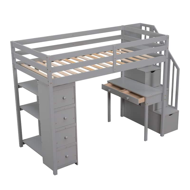 Loft Bed with Storage Drawers, Desk and Stairs, Wooden Loft Bed with Shelves