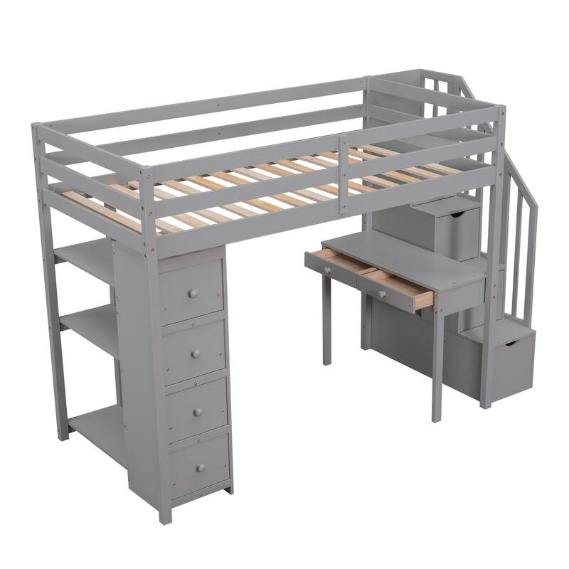 Twin Size Wooden Loft Bed with Storage Drawers, Desk, Stairs, and Shelves - Gray