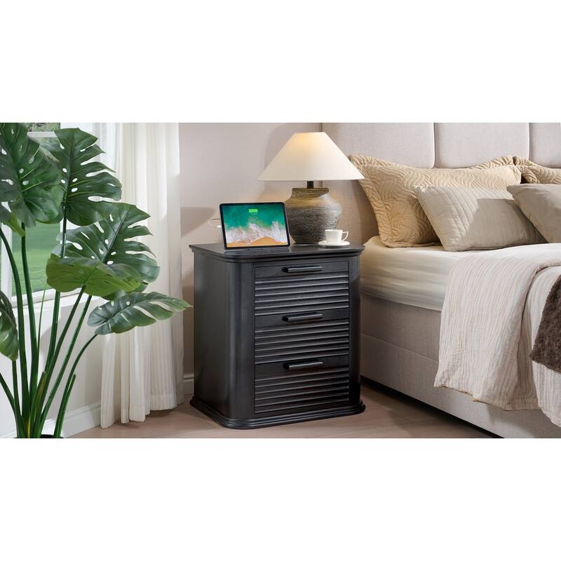 22" Wide Fluted Nightstand with Charging Station, Modern End Table, Wood 3 Drawer Dresser, Large Bedside Tables