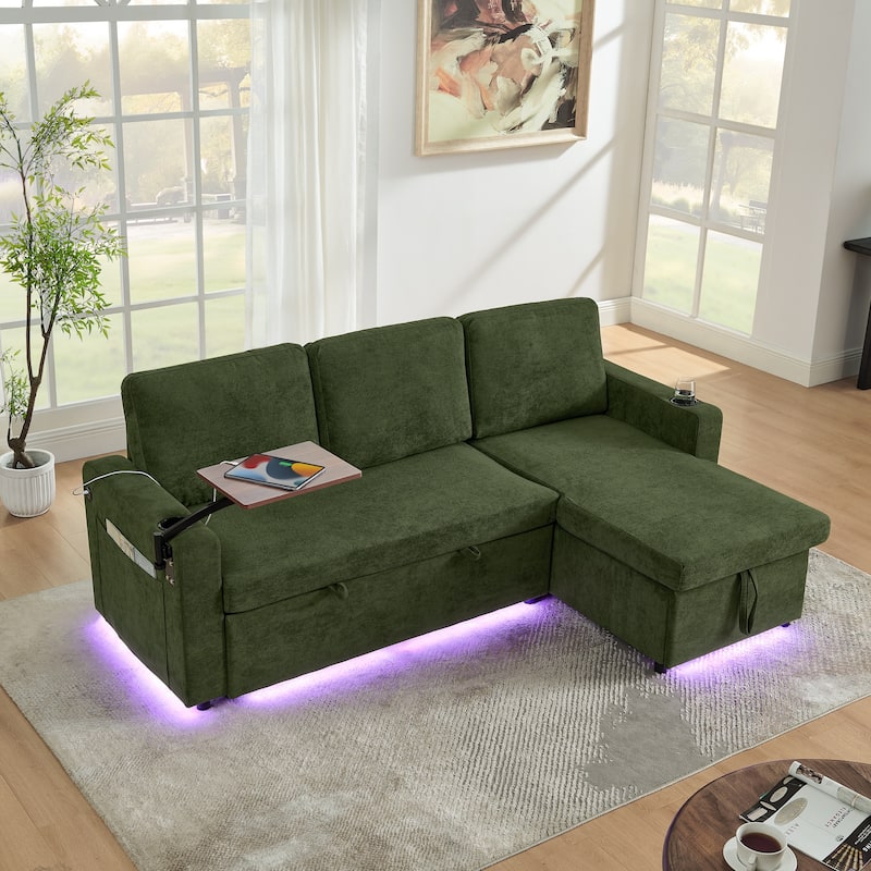 Pull Out Sleeper Sofa Bed Chenille L-shaped Sectional Couch with Storage Chaise, Retractable Table, LED, USB and Cup Holders