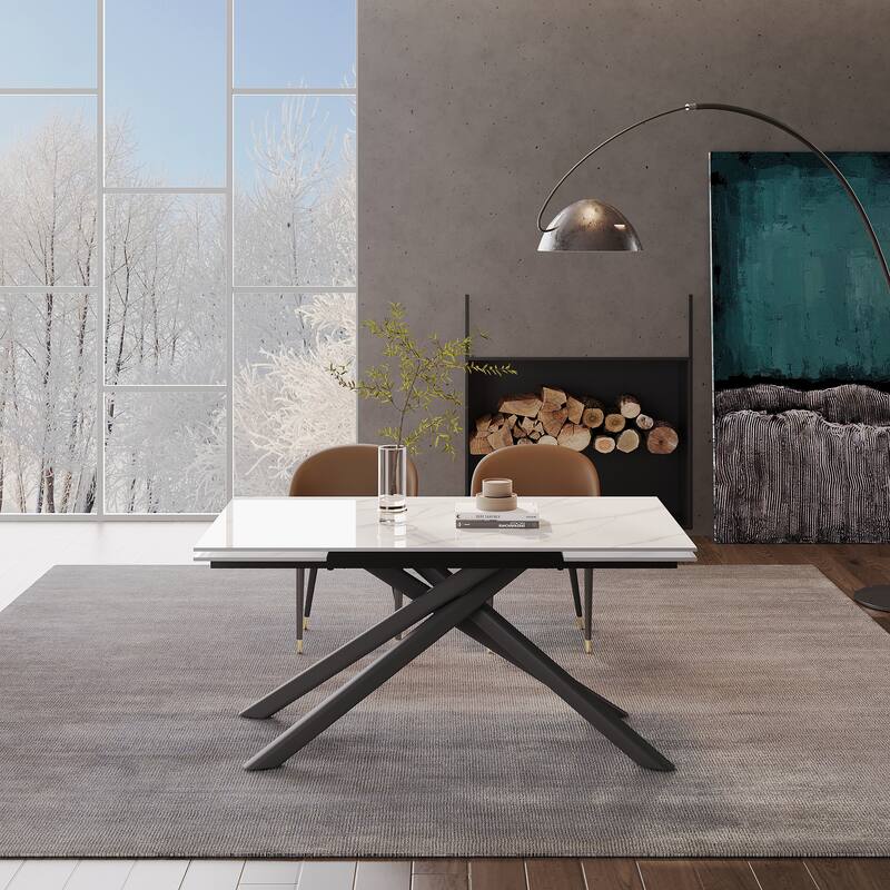 9 - Piece Extendable Rectangular Sintered Stone Cross Legs Dining Set With 8 Chairs For Home or Villa