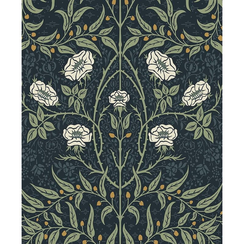 Seabrook Designs Stenciled Floral Prepasted Wallpaper - 20.5 in. W x 33 ft. L - Navy & Sage