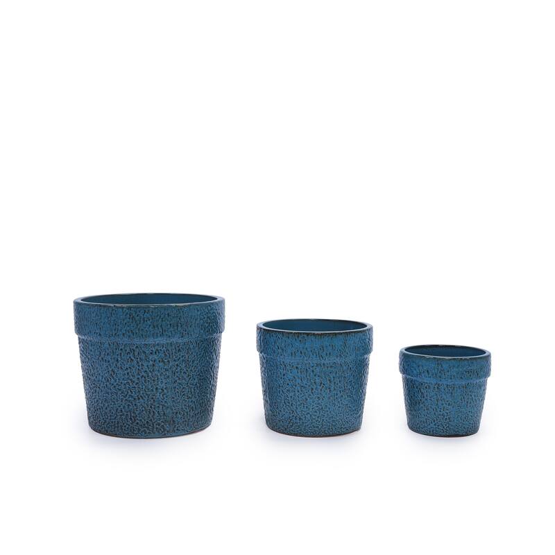 Anmytek Handmade Ceramic Planter Set Blue Textured for Succulents Indoor Garden