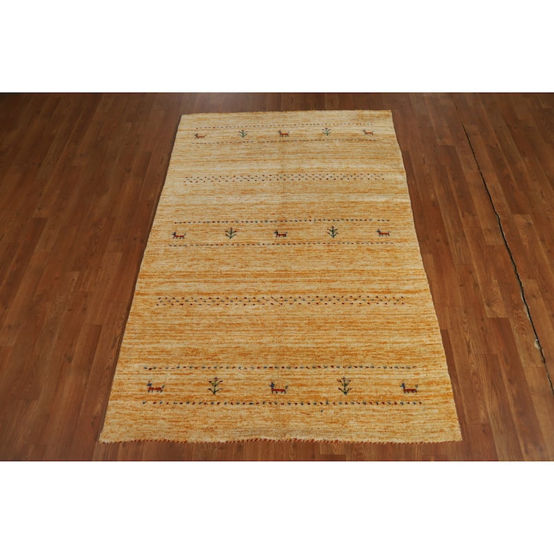Hand Knotted Oriental 100% Wool Carpet Tribal Animal Pictorial Yellow & Gold Gabbeh Area Rug - 5' 8'' X 3' 11''