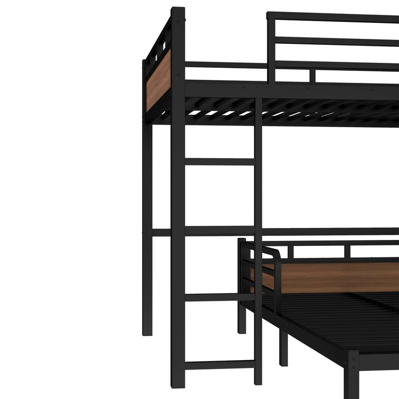 Full over Full Metal Bunk Bed with Security Fence, Walnut, Separable, Space-Saving Design