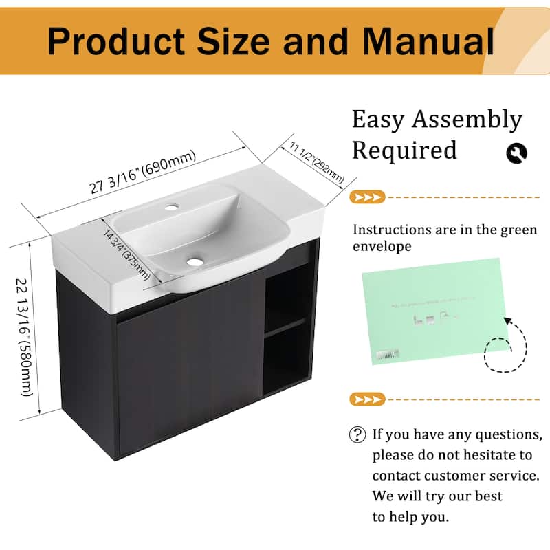 Malwee 24"/28" Floating Bathroom Vanity,Wall Mounted Bathroom Vanity with Ceramic Sink and Soft Close Door