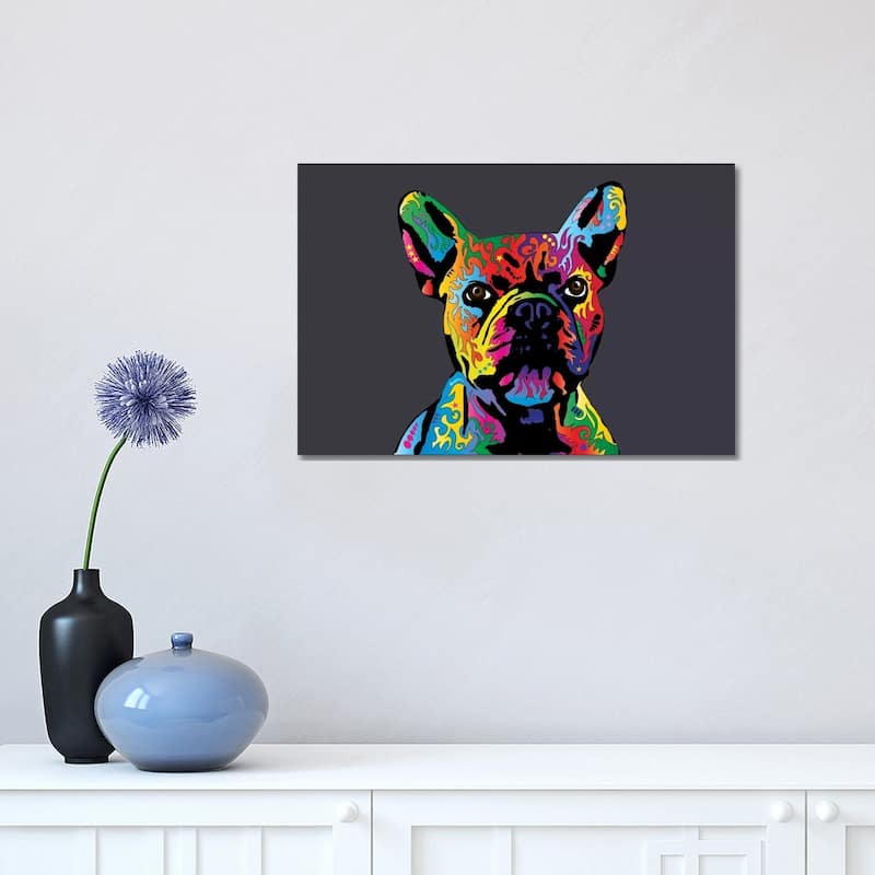 iCanvas "Rainbow French Bulldog On Grey" by Michael Tompsett Canvas Print - 12x18x1.5