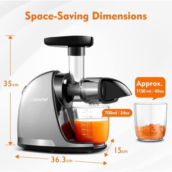 dimension image slide 3 of 5, AMZCHEF Slow Cold Press Juicer with Reverse Function, Masticating Juicer with 2 Cups & Brush, 150W, 90-110 RPM