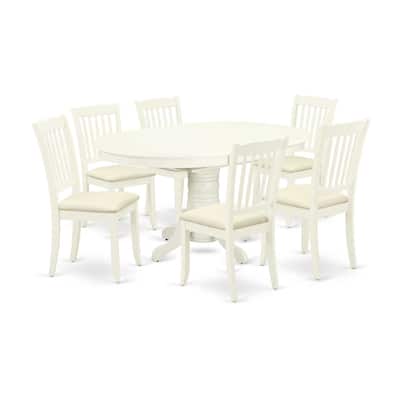 HomeStock 7-Pc Oval Linen White Finish Solid Wood Top Dining Table with 6-Chairs with Butterfly Leaf Slat Back