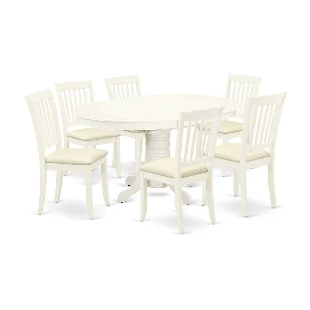 HomeStock 7-Pc Oval Linen White Finish Solid Wood Top Dining Table with 6-Chairs with Butterfly Leaf Slat Back