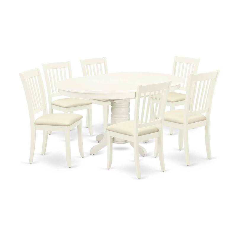 7Pc Dinette Set - Oval Kitchen Table with Leaf & 6 Linen Dining Chairs - Linen White Finish - 60