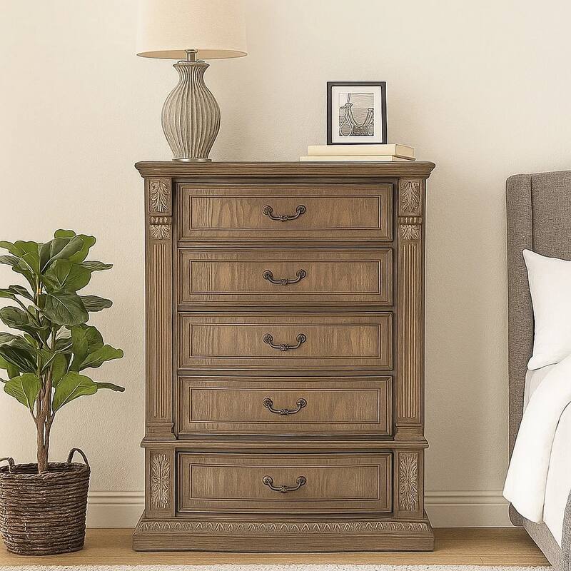 Reven Tall Dresser Chest, 5 Drawers, Weathered Oak Brown Wood, Metal