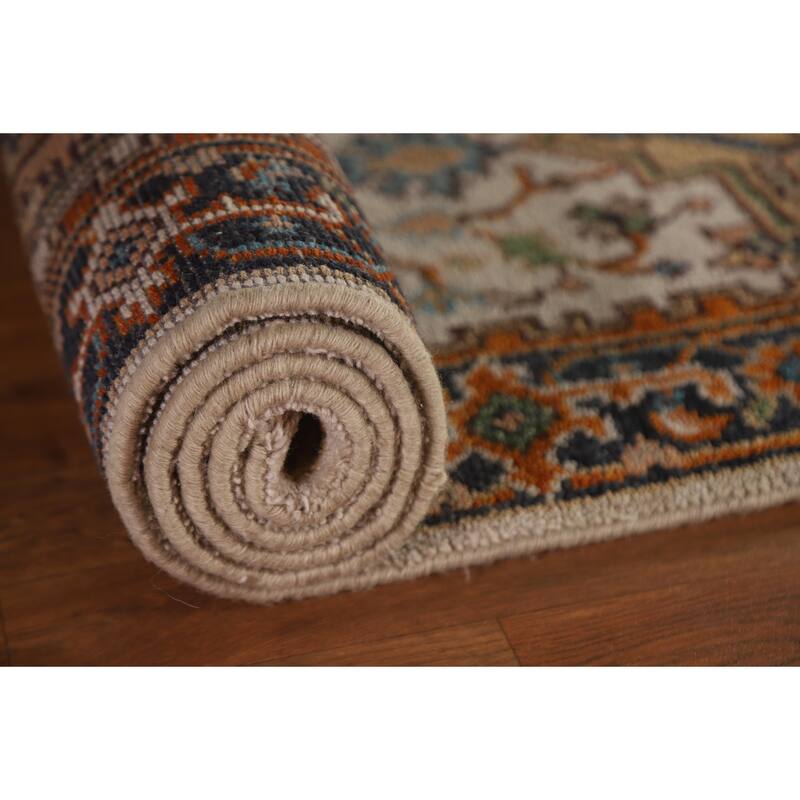 Geometric Beige Heriz Serapi Runner Rug Hand-Knotted Wool Carpet - 2'5"x 8'1"