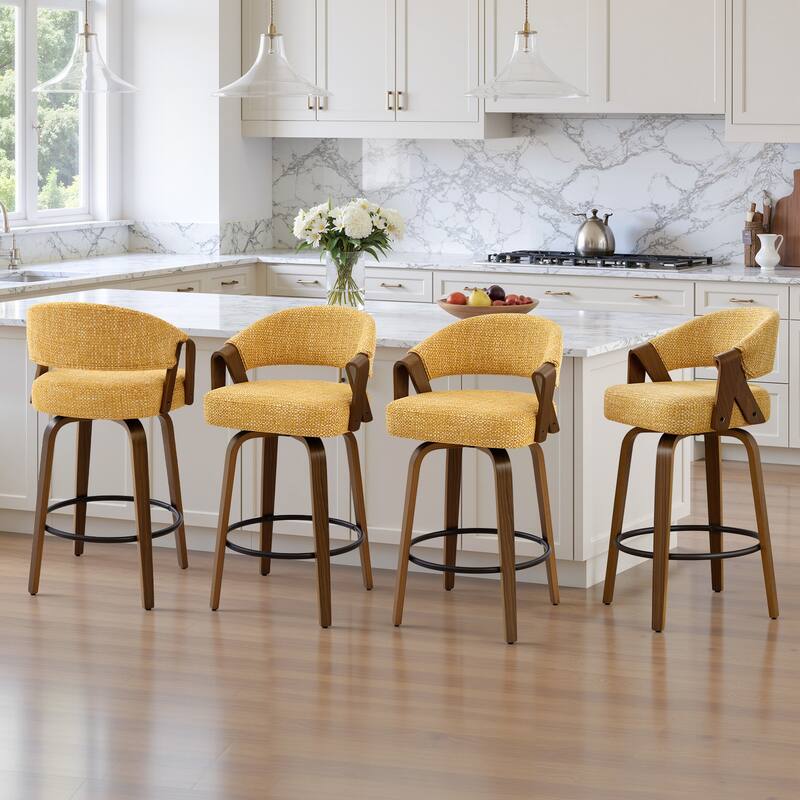 Upholstered Swivel Bar Stool/ Counter Stools with Curved Back - 37.5"H x 20.9"W x 19.9"D - Set of 4 - Yellow-Chenille