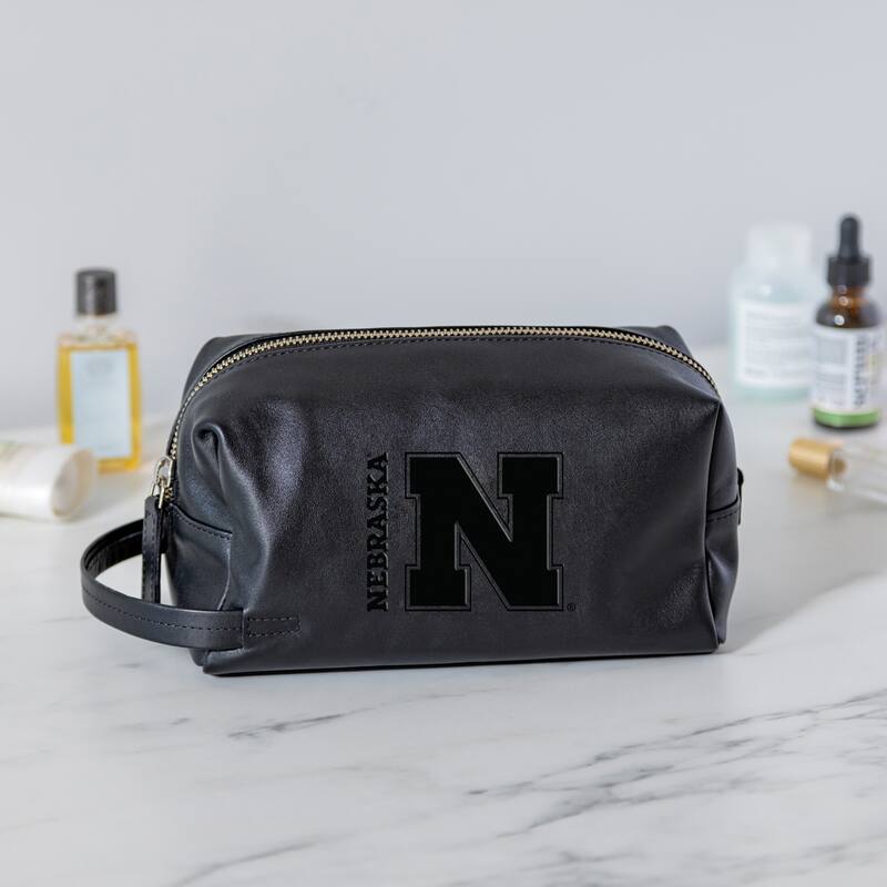 University of Nebraska, Hybrid Leather Lined Toiletry Bag with Handle, Black