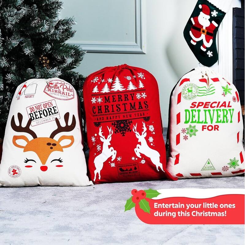3 Packs Santa Sack, Large Christmas Canvas Gift Bag with Drawstring 26" x 19" for Hoilday Party Supplies - Multicolor