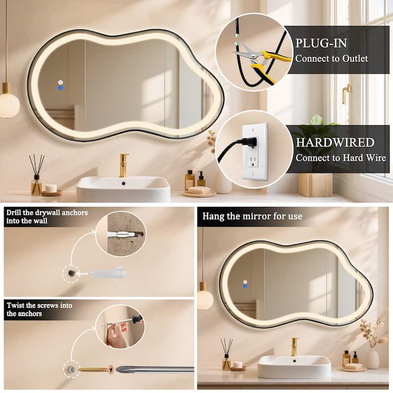 Asymmetrical Framed LED Light Anti-fog 3-Colors Dimmable Irregular Wall Mirror