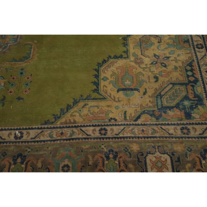 Hand Knotted Oriental 100% Wool Carpet Traditional Medallion Green Tabriz Area Rug - 12' 6'' X 9' 7''