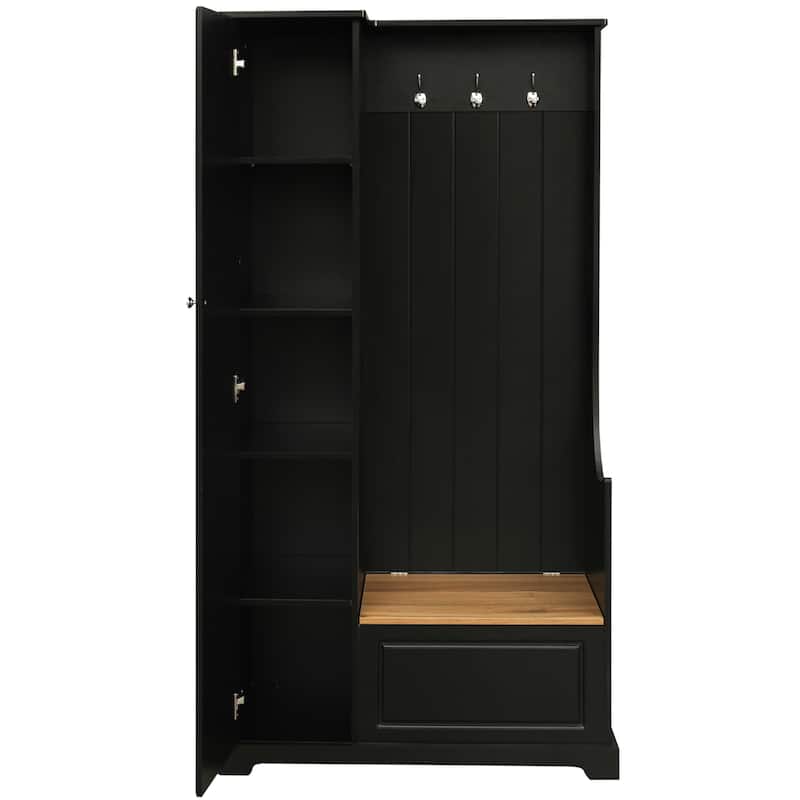 Shoe Cabinet with Flip-Up Bench, Adjustable Shelves and Hanging Hooks - 15.24"W x 47.24"H x 35.55"D