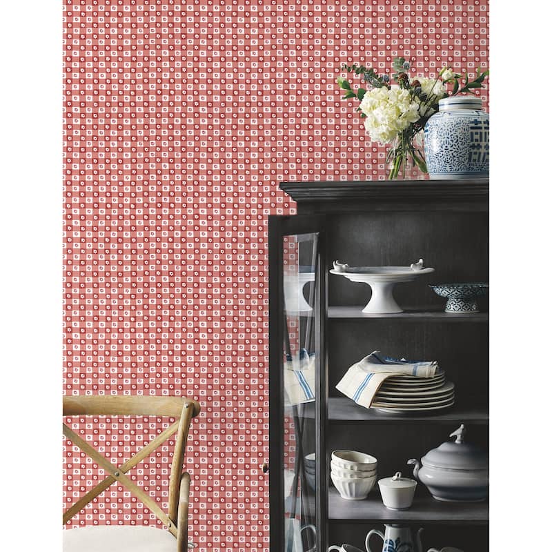 Rifle Paper Co. Daisy Gingham Red Floral Check Premium Peel + Stick Wallpaper