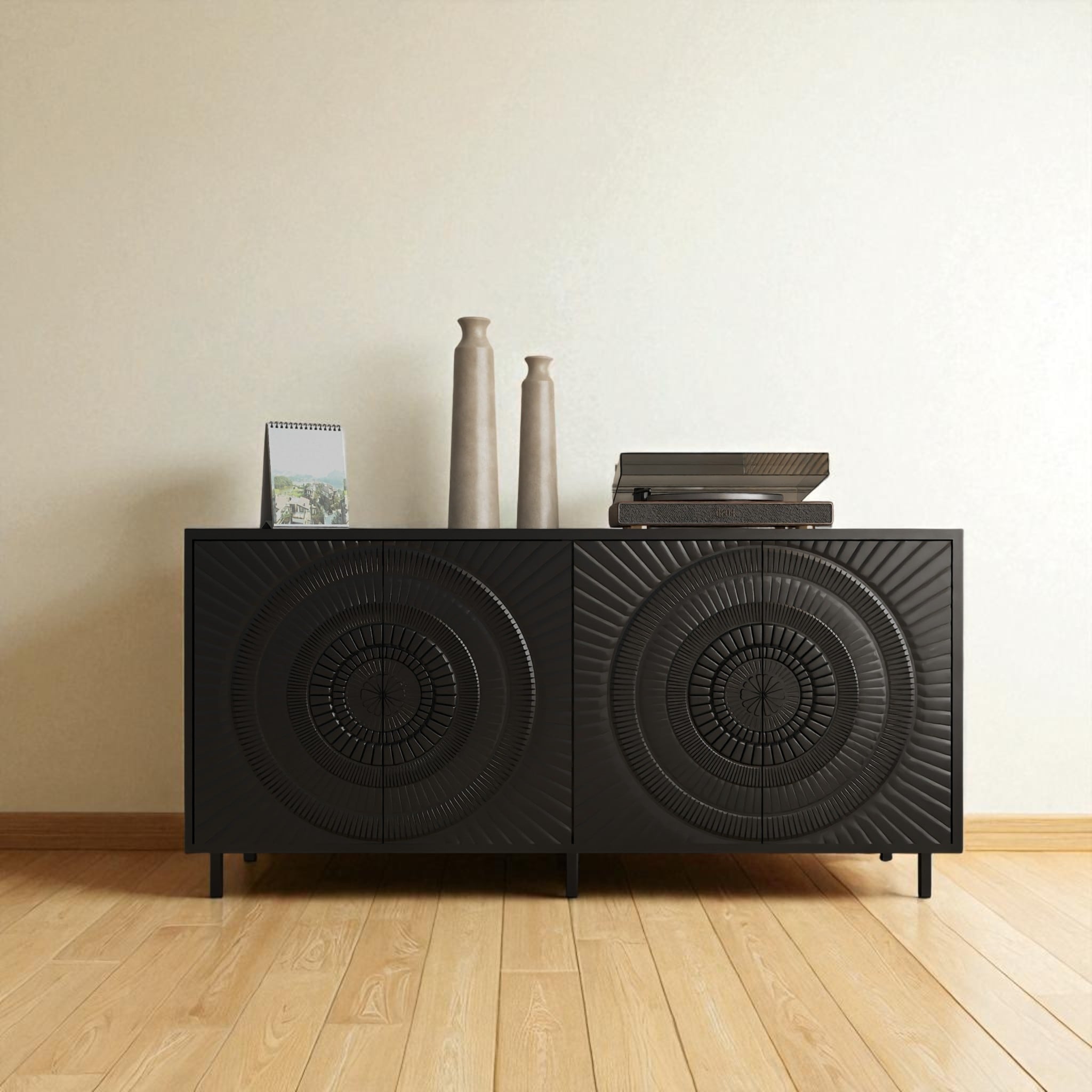 Modern Black Sideboard Buffet Cabinet with Adjustable Shelves, 4-Door Storage Accent Cabinet for Dining Room and Kitchen