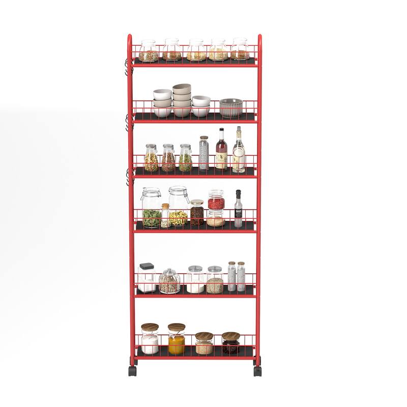 Red 6-Tier Rolling Cart Gap Kitchen Slim Slide Out Storage Tower Rack with Wheels, 6 Baskets, Laundry Utility cart