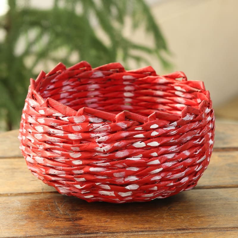NOVICA Handmade Red And White Recycled Paper Basket