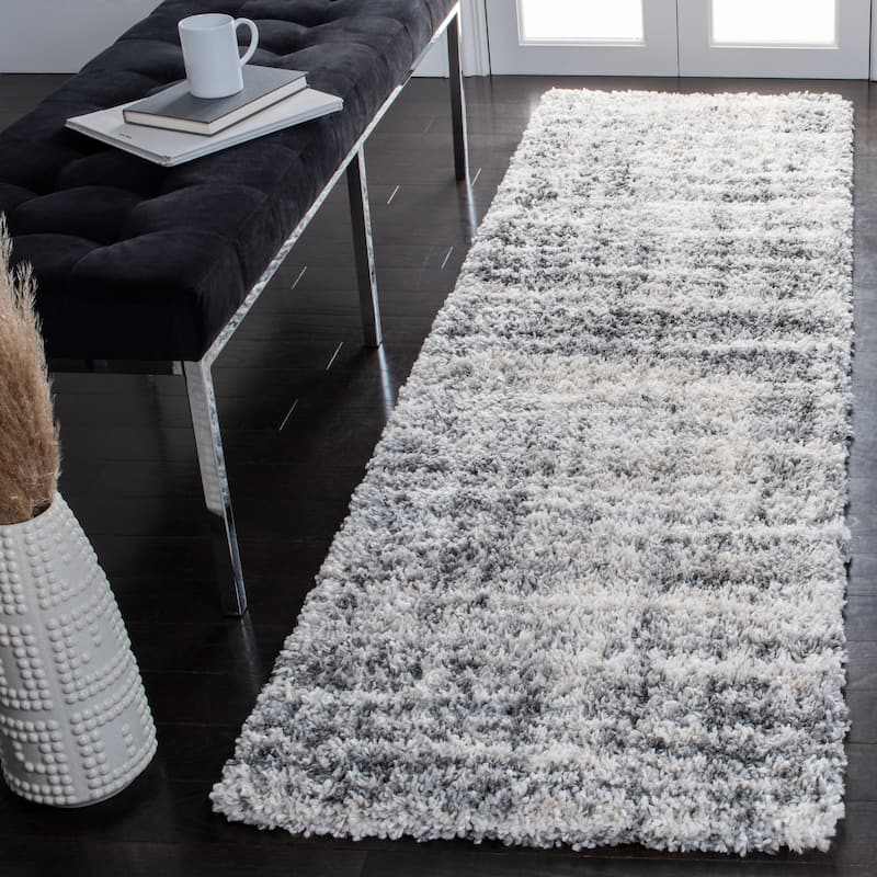 SAFAVIEH Fontana Shag Lenchen Modern Abstract 2-inch Thick Rug - 2'3" x 10' Runner - Grey/Ivory