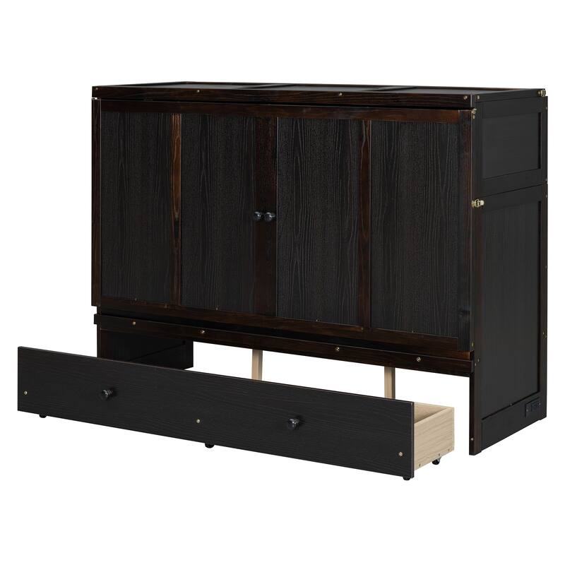 Queen Size 2-in-1 Murphy Bed Cabinet with Space Saving Design with Built in USB/Power Outlets, Large Storage Drawer