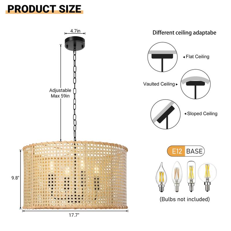 4-Light Dimmable Bohemian Hand Woven Drum Chandelier - 17.7"