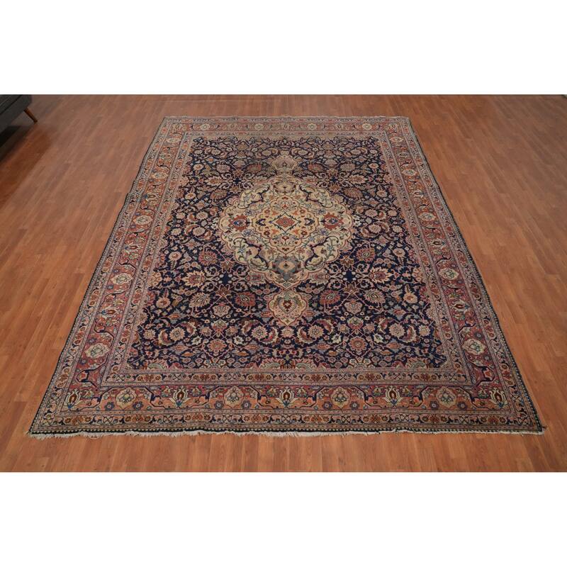 Hand Knotted Oriental 100% Wool Carpet Traditional Floral Navy Blue & Blues Tabriz Area Rug - 11' 10'' X 9' 4''