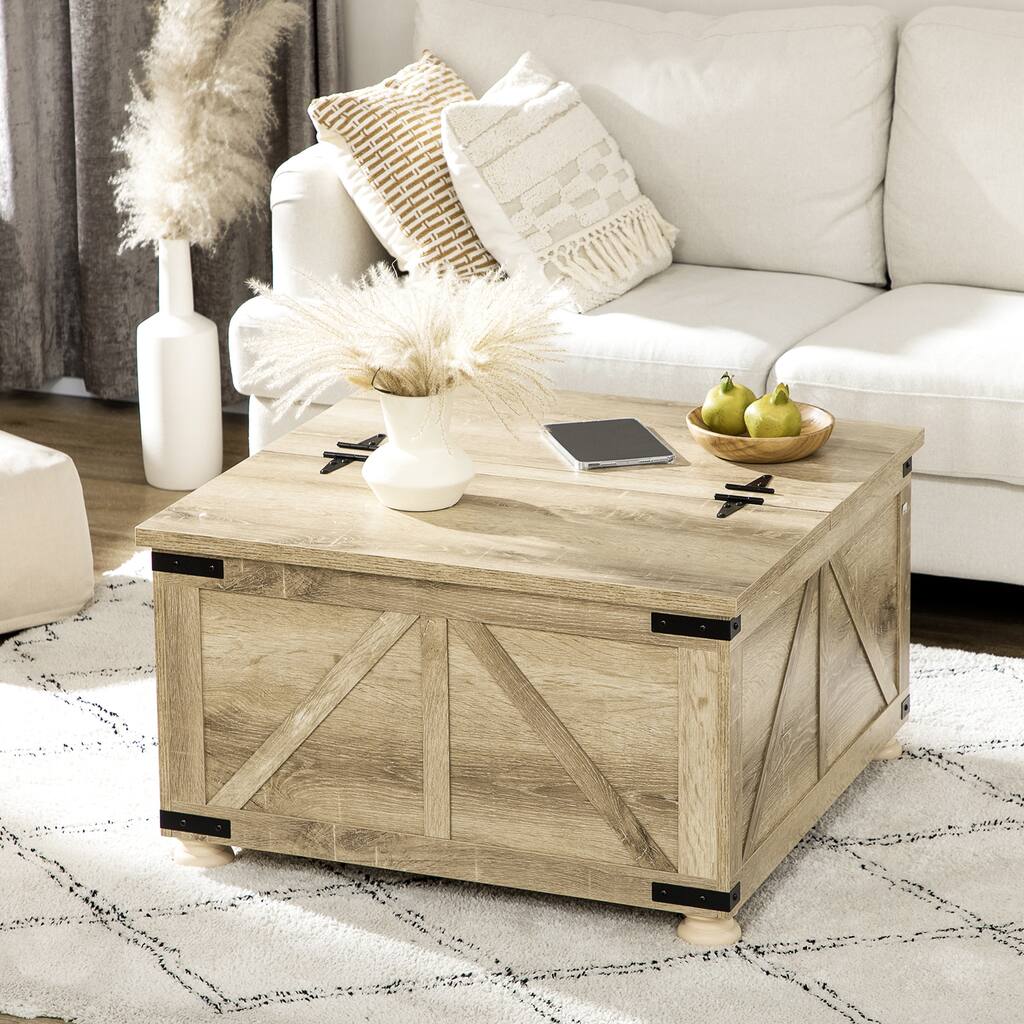 Flip Top Cocktail Table Square Storage Coffee Table Wooden Center Table with Hinged Lift Top and Hidden Space, Natural