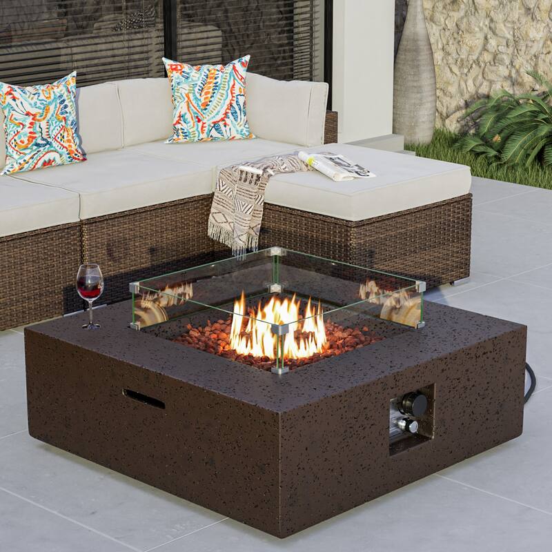 COSIEST 35''Fire Pit Table With Glass Wind Guard, Waterproof Cover - Stone Brown