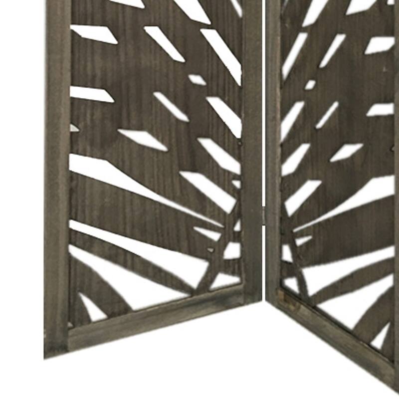 3 Panel Wooden Screen with Laser Cut Tropical Leaf Design, Gray